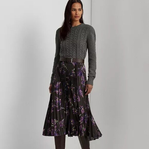 EUC Ralph Lauren Floral Pleated Satin Charmeuse Skirt, Sz - 6P - Picture 1 of 10